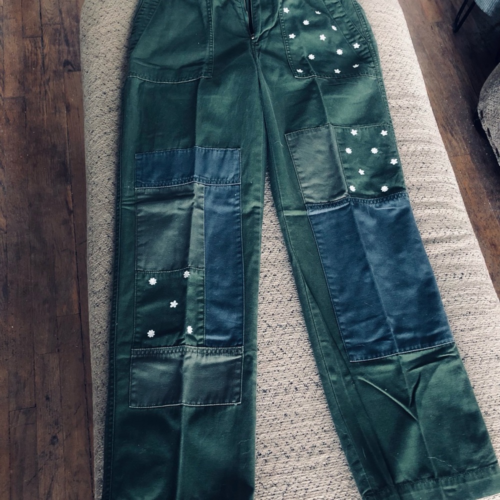 J. Crew Green Patchwork Straight Leg Jeans w/flowers embroidered on them